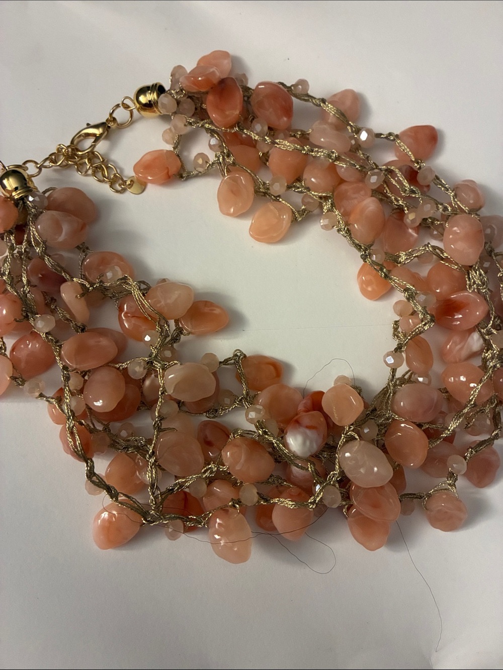 Gold-Tone Peach Beaded Multi-Strand Necklace - Unbranded